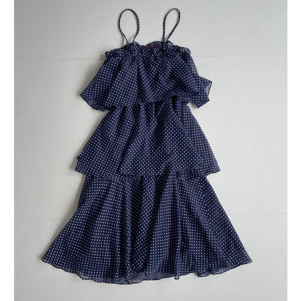 Vtg 70s Navy Polkadot Tiered Ruffle Sun Dress Sz S / Retro Coquette Avant Garde